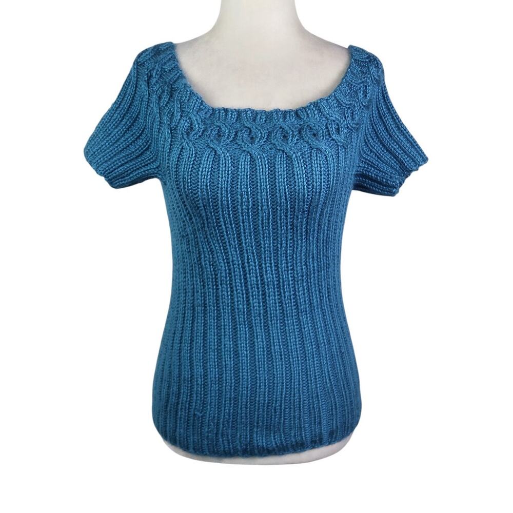 Vintage 90s Teal Blue Knit Off-The-Shoulder Short Sleeve Sweater Top S